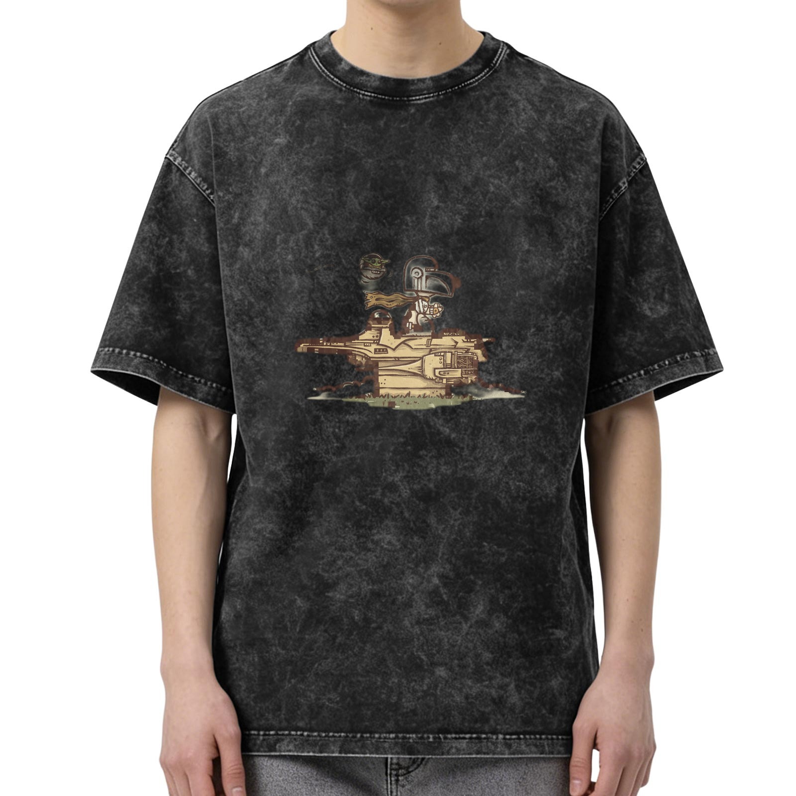 Distressed black loose short-sleeved T-shirt Cartoon retro pattern printed top