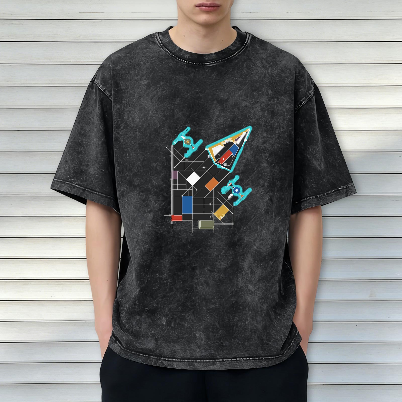 Oversized Acid Wash T-Shirt with Abstract Geometric Space Ship Graphic