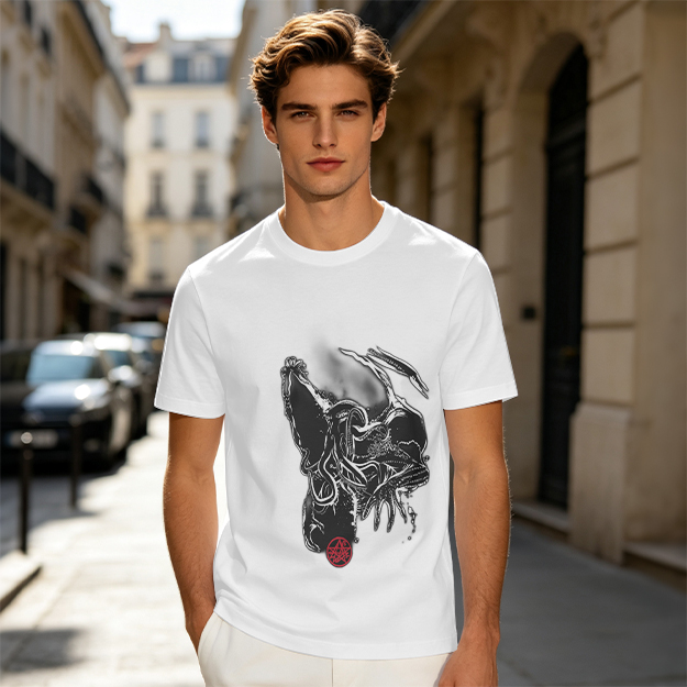 Olive T-Shirt With Dark Abstract Tentacle Creature Print