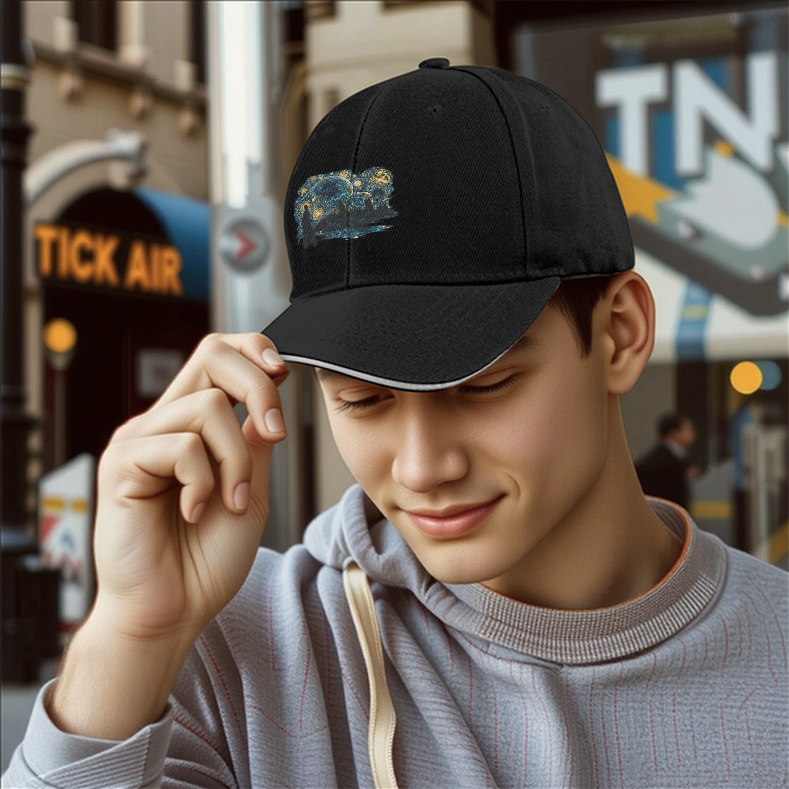 Black baseball cap with Starry Night inspired artistic print