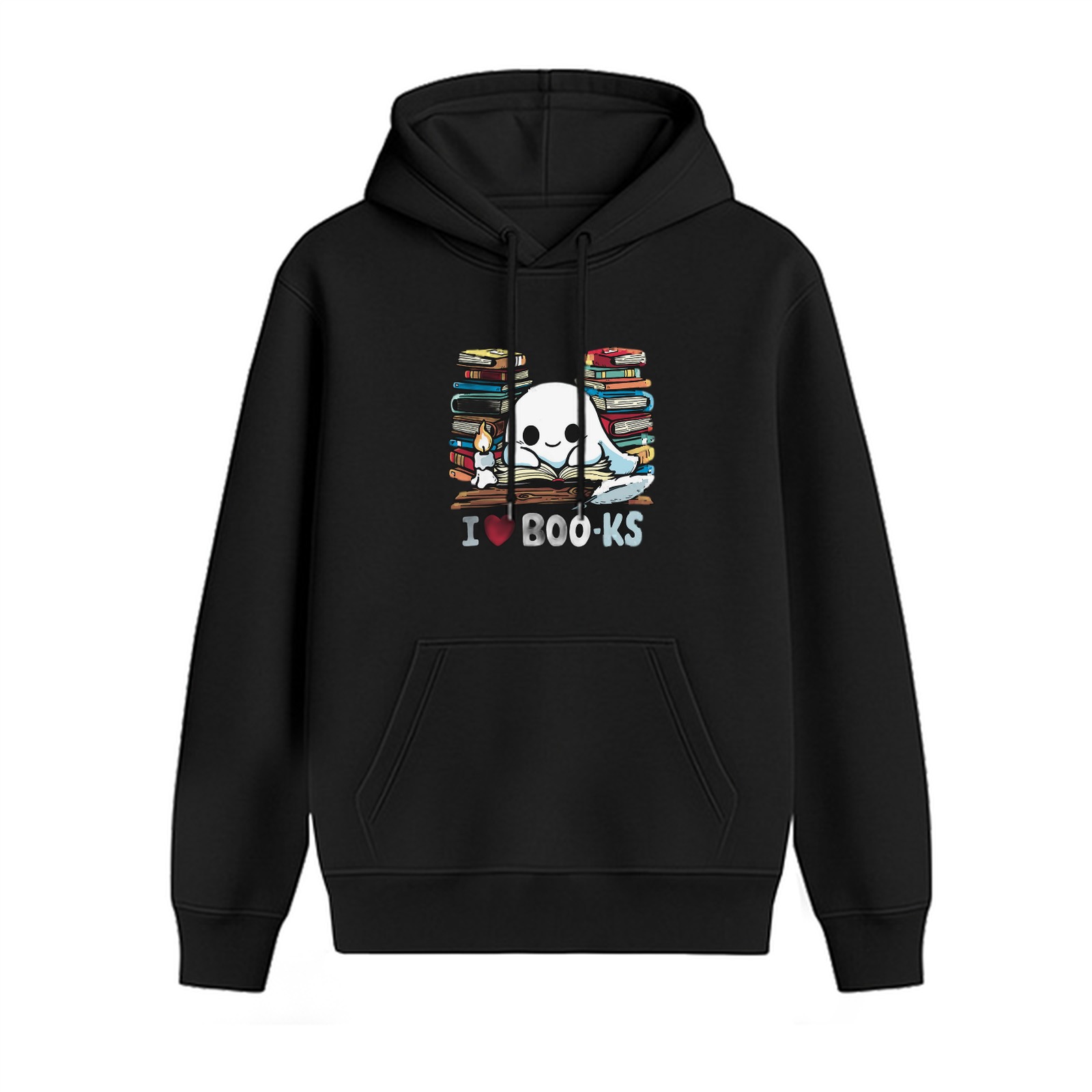 Black hoodie with cute ghost reading books graphic design