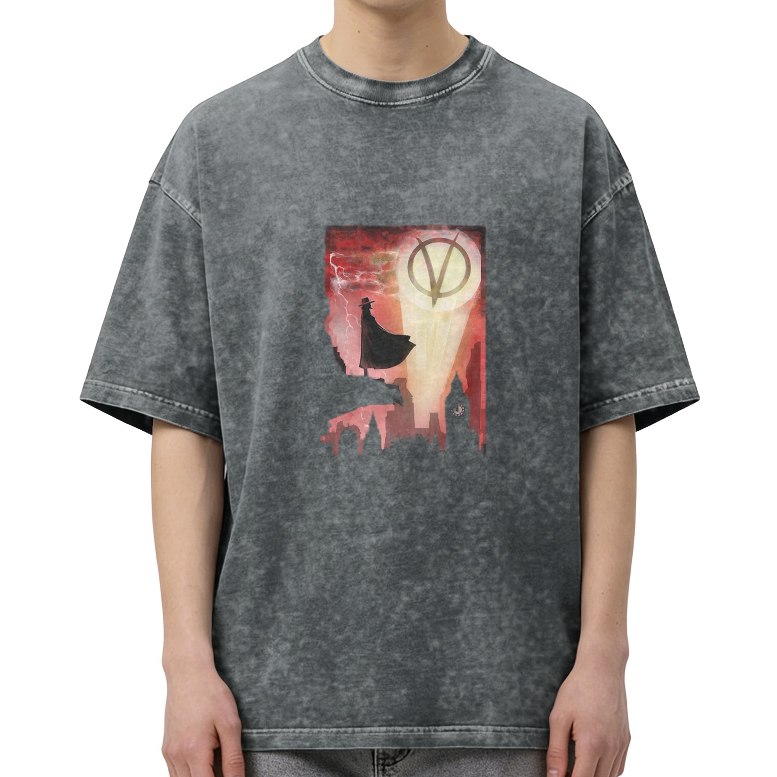 V for Vendetta themed graphic washed black short sleeve t-shirt