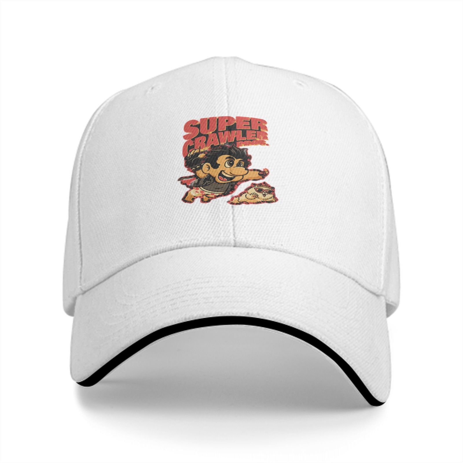 Black baseball cap with Super Crawler pizza-themed cartoon graphic