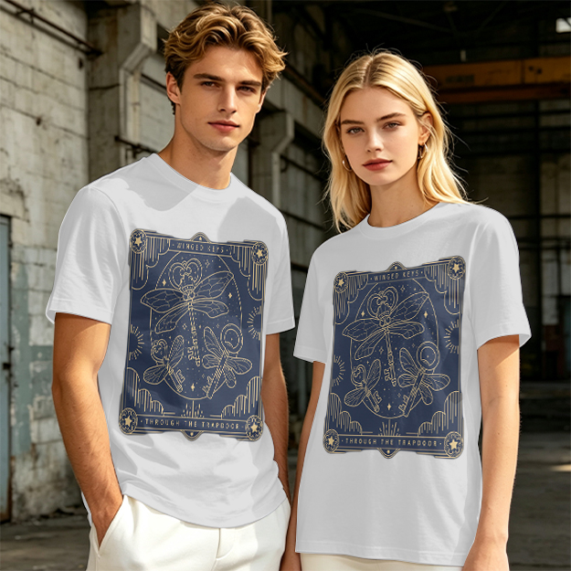 Olive t-shirt with winged keys tarot-style graphic design