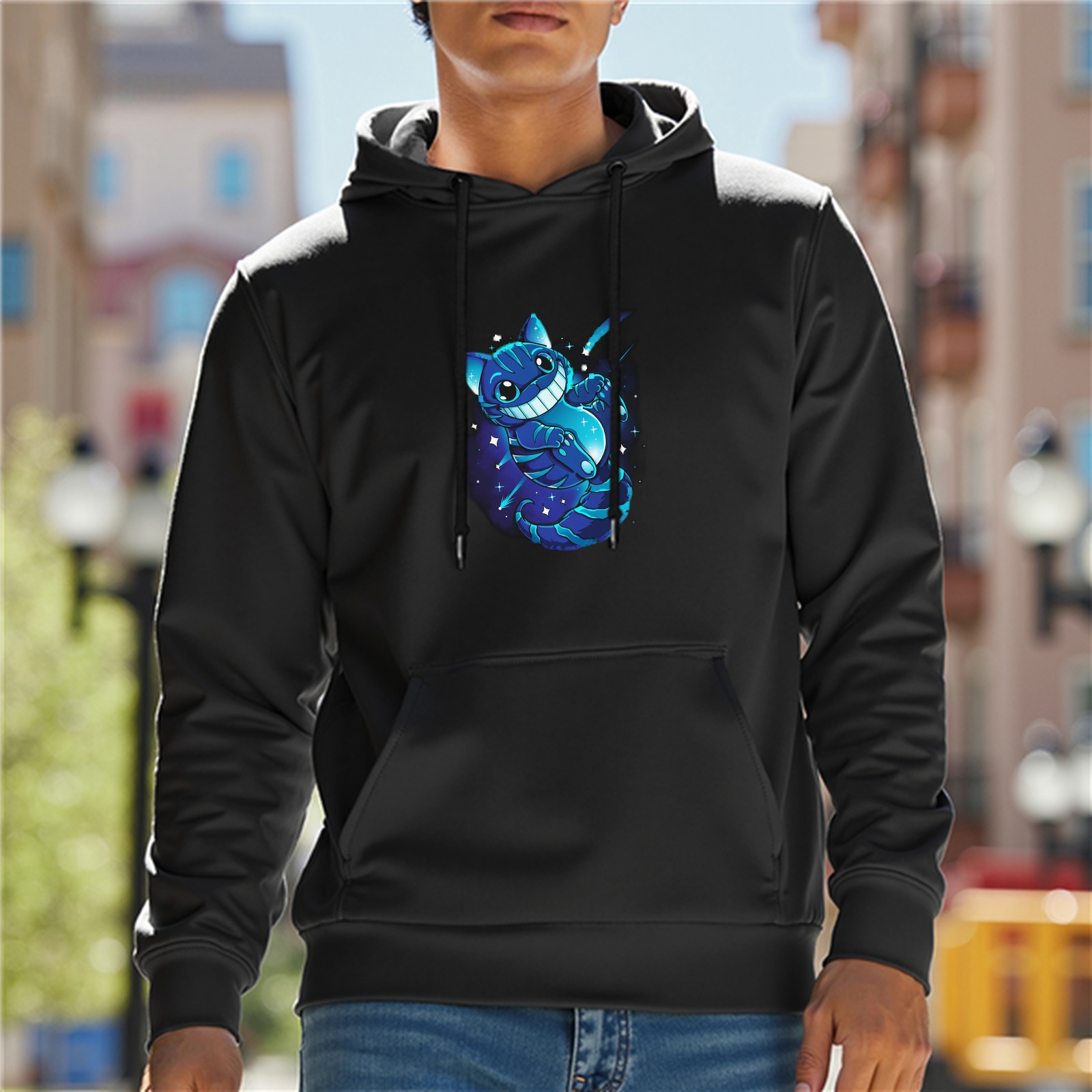 Black hoodie with glowing blue cheshire cat graphic