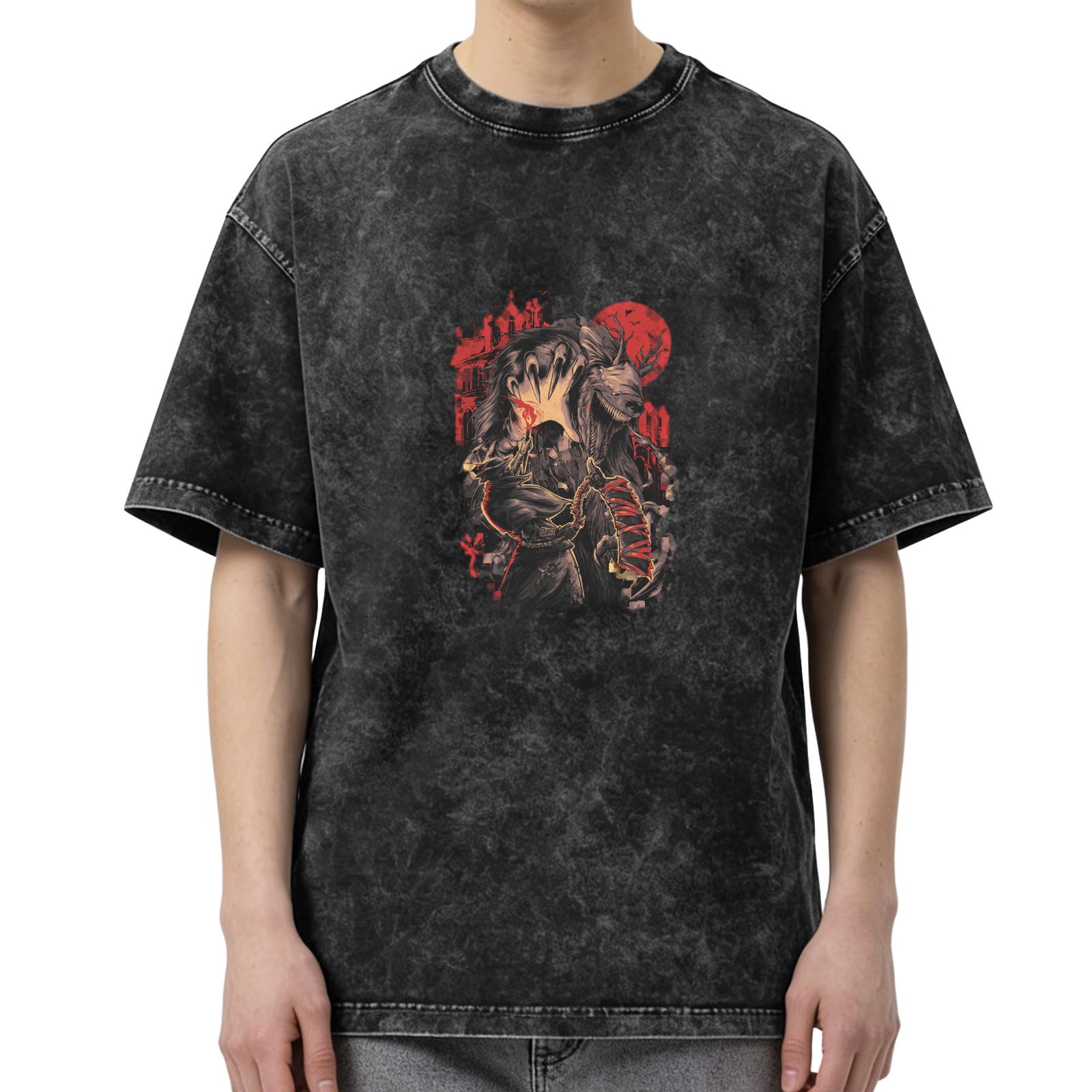 Washed Black Graphic T-Shirt With Dark Fantasy Monster And Red Moon Print