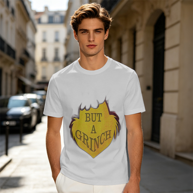 Olive green t-shirt with 'But A Grinch' graphic print