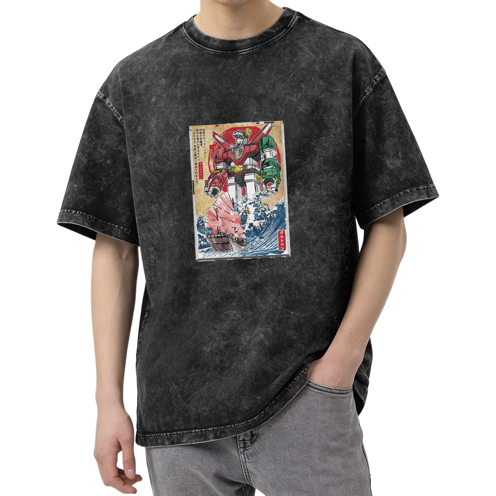 Oversized dark washed t-shirt with retro mecha robot and wave print