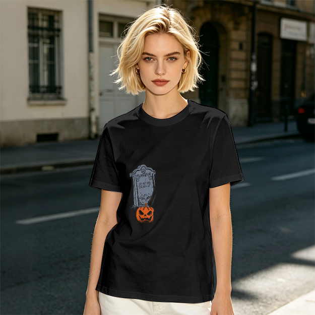 Olive Halloween Graphic T-Shirt with Tombstone and Jack-o'-Lantern