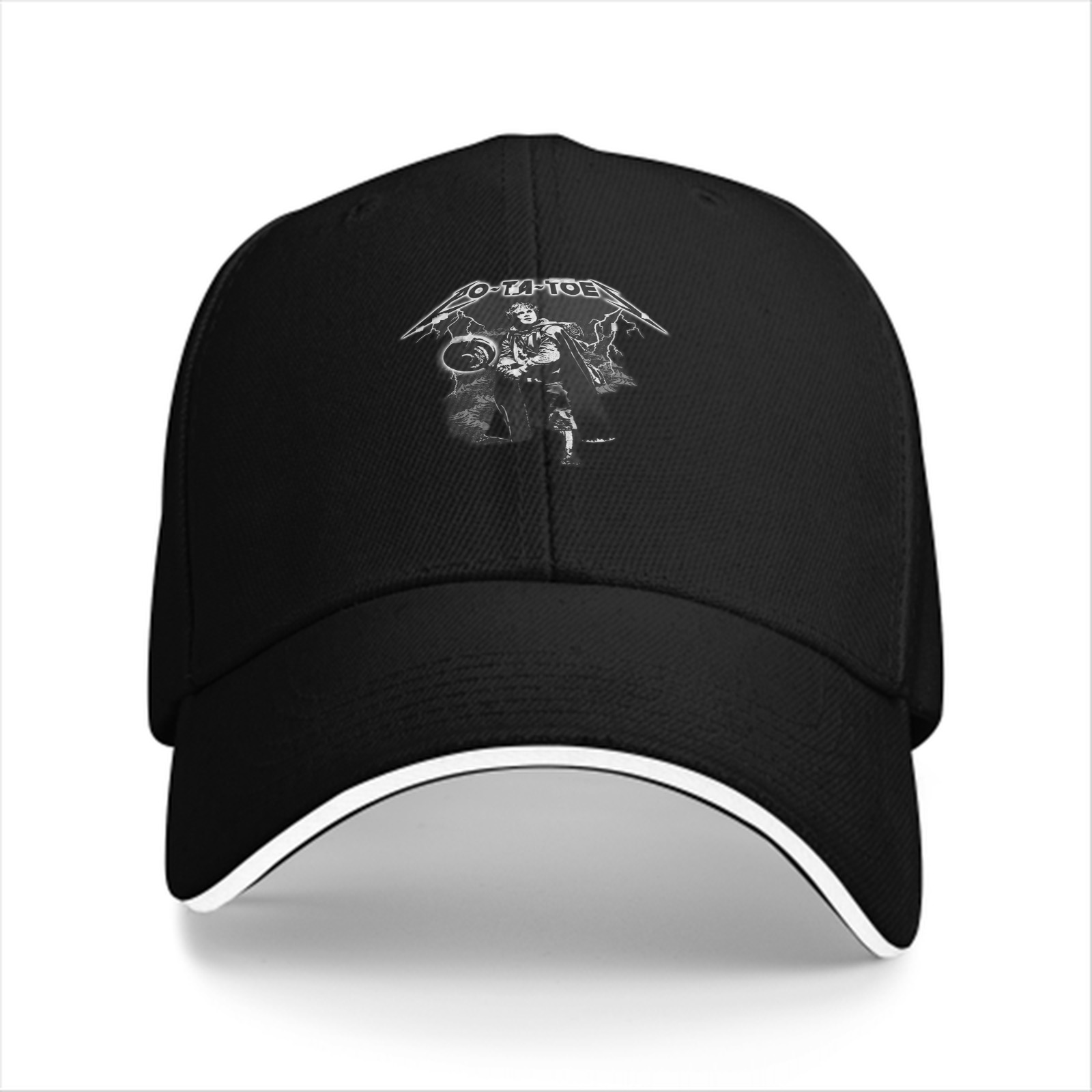Black baseball cap with O-TA-TOE graphic print design