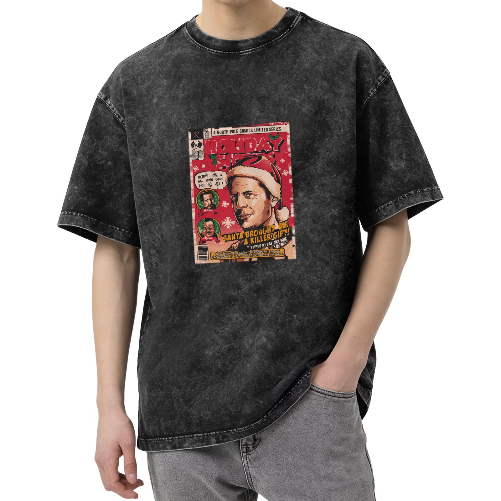 Oversized Washed Black T-Shirt with Die Hard Christmas Comic Book Print