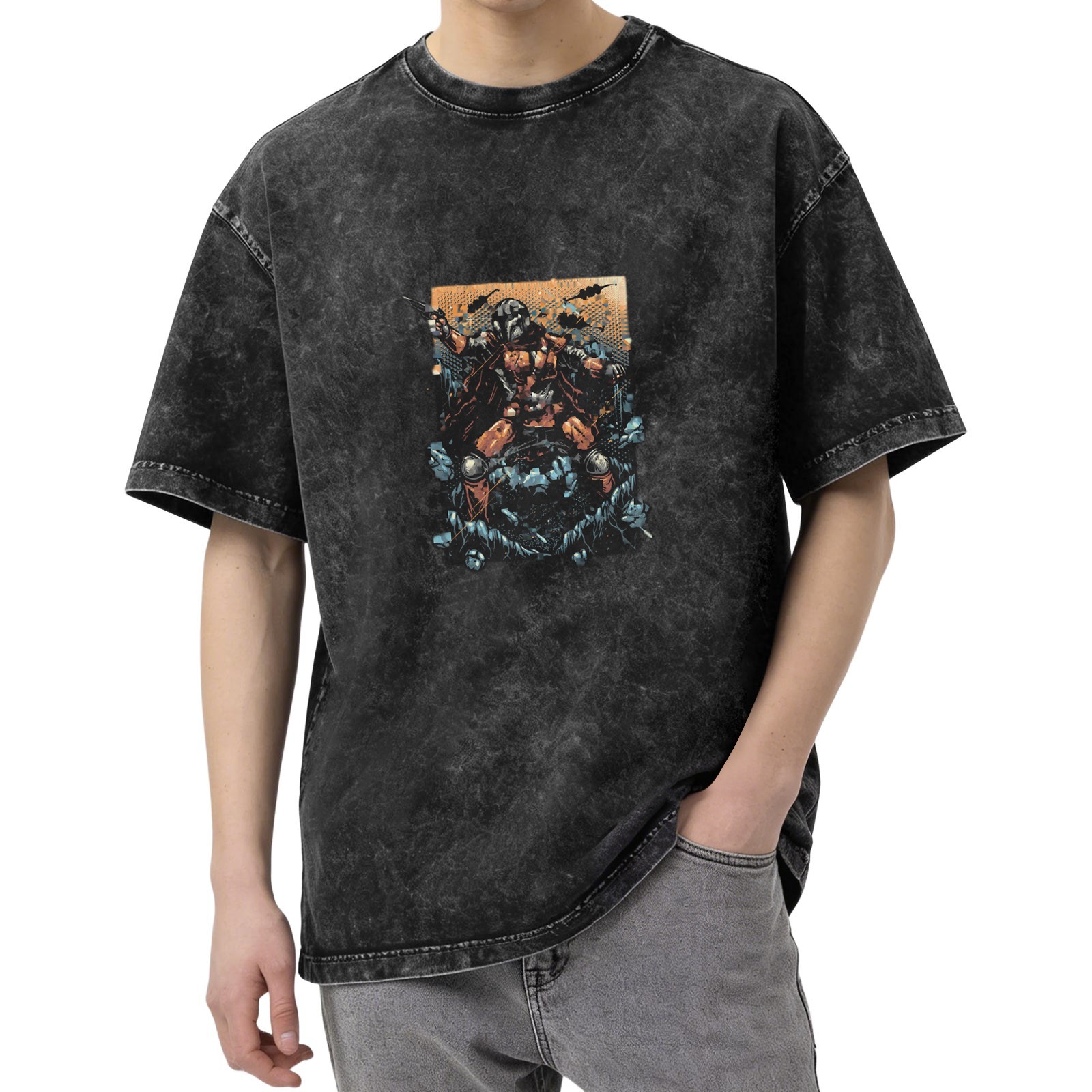 Washed Black T-Shirt With Warrior In Armor Graphic Print