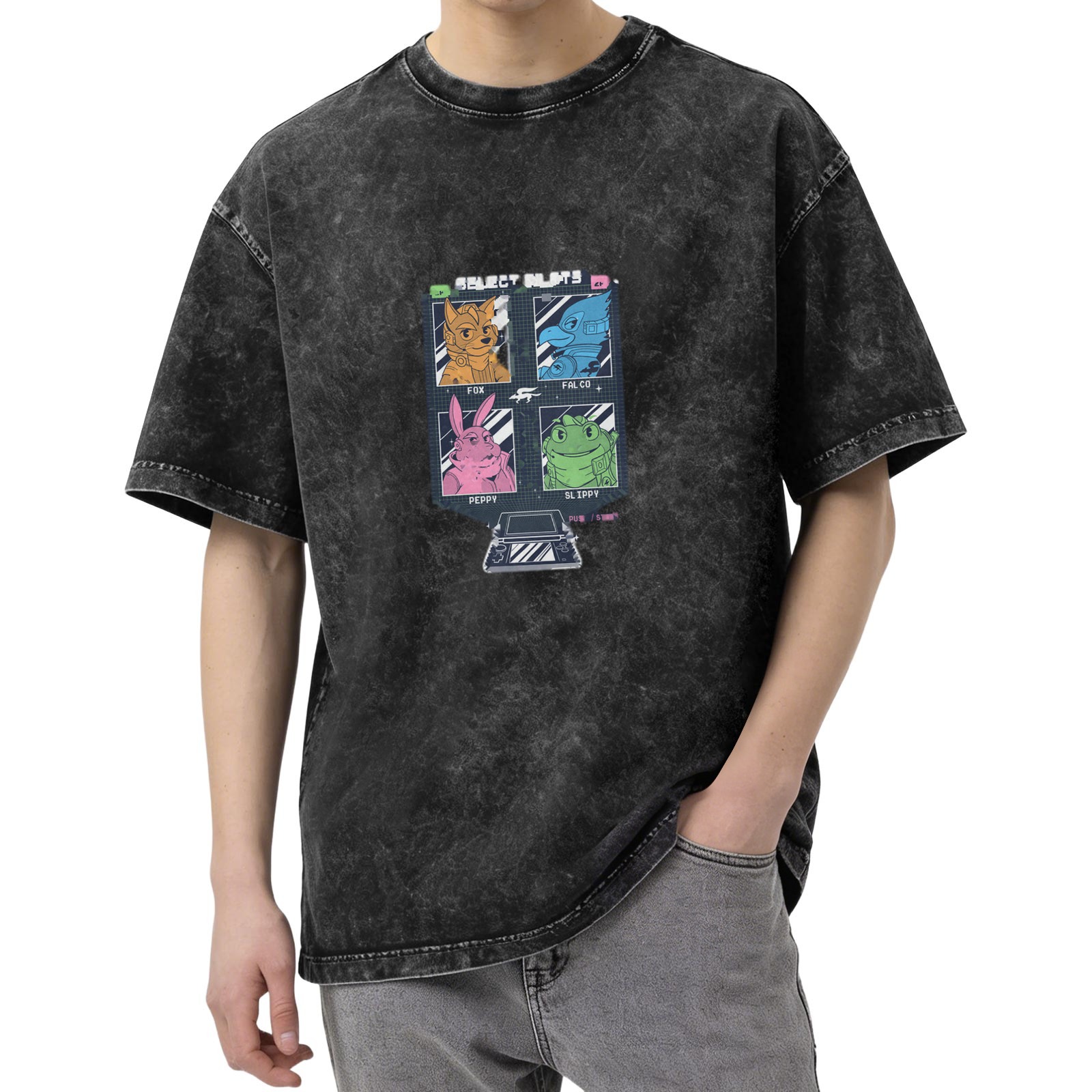 Vintage Black T-Shirt With Retro Video Game Character Select Screen Graphic