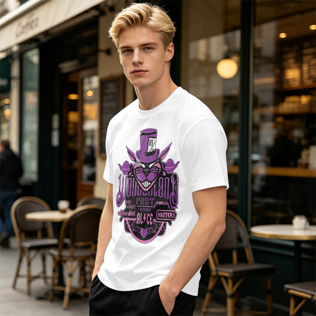 Olive T-Shirt with Wonderland Cheshire Cat Mad Hatter Print