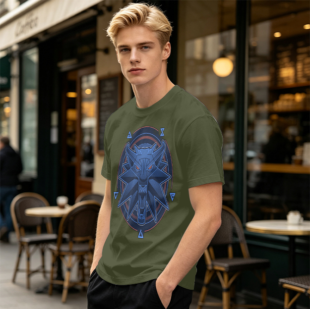 Olive T-Shirt With Witcher Wolf Medallion Graphic Print