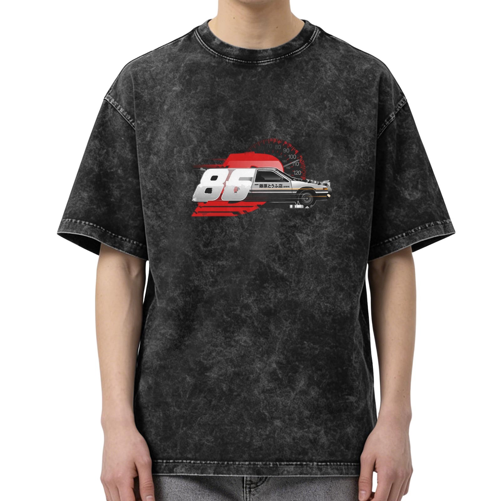 Distressed black loose short-sleeved T-shirt Initial D AE86 racing print washed retro round neck top