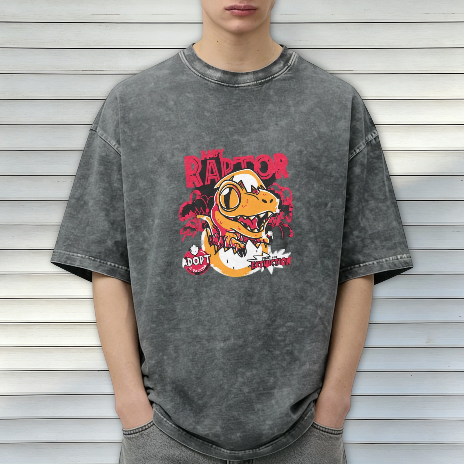 Baby Raptor Graphic Print Oversized Stone Wash T-Shirt