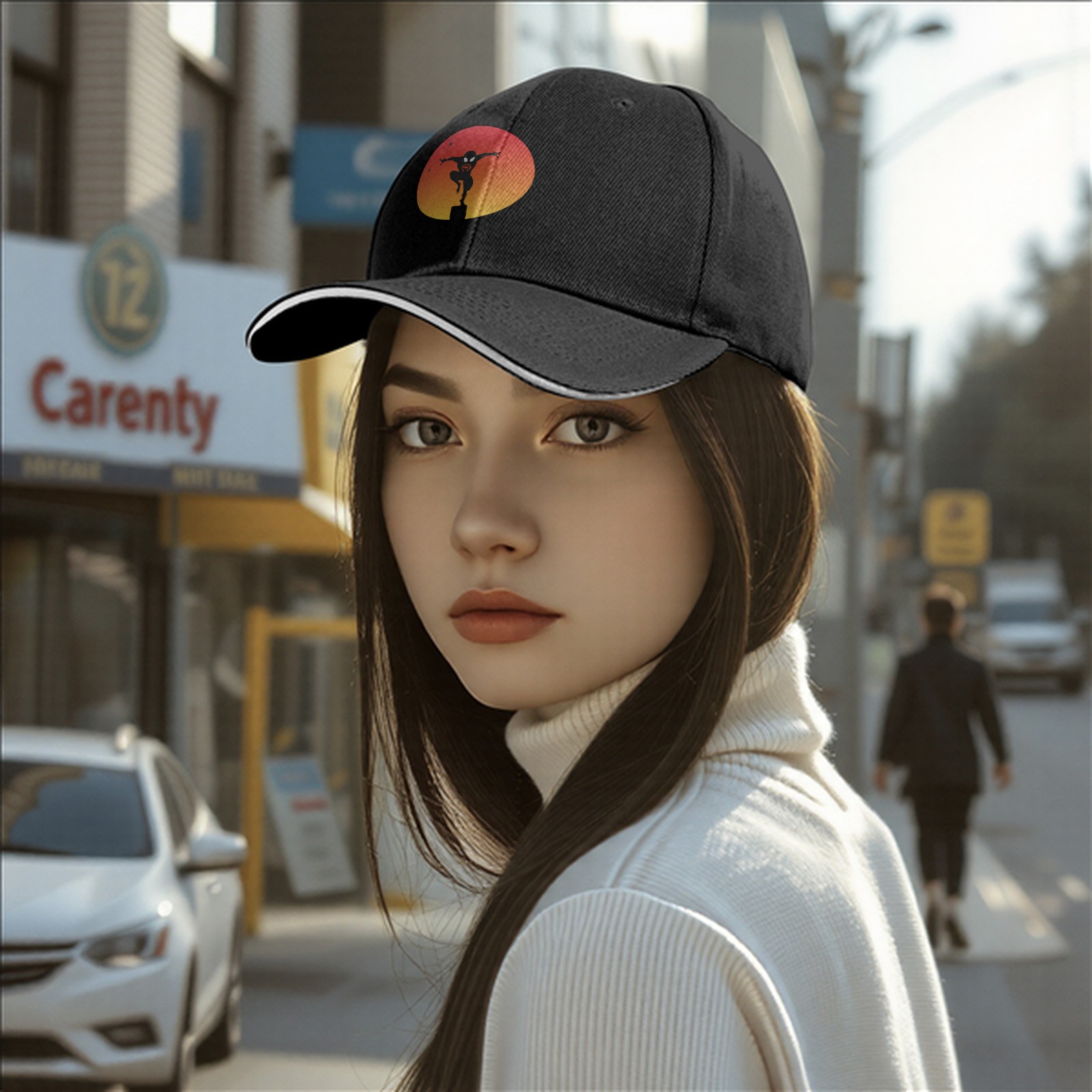 Black Baseball Cap With Ninja Silhouette Sunset Graphic