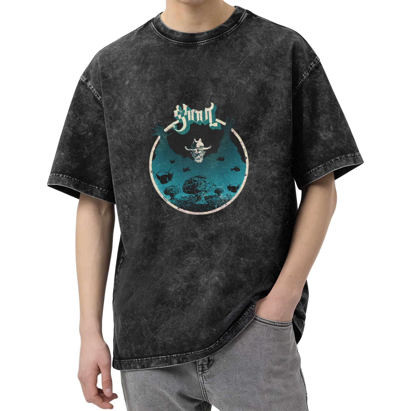 Washed Black Graphic T-Shirt with Skull and Mushroom Cloud Art