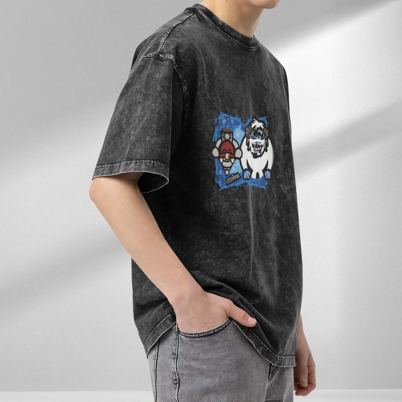 Washed Black T-Shirt with Cartoon Yeti and Winter Character Graphic