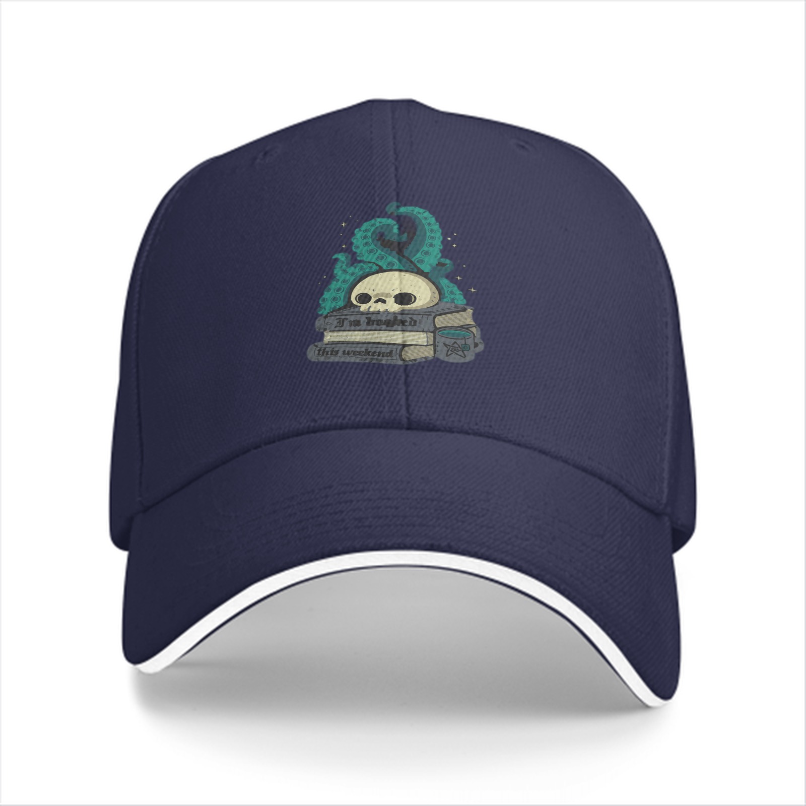 Black baseball cap with skull tentacle book graphic design