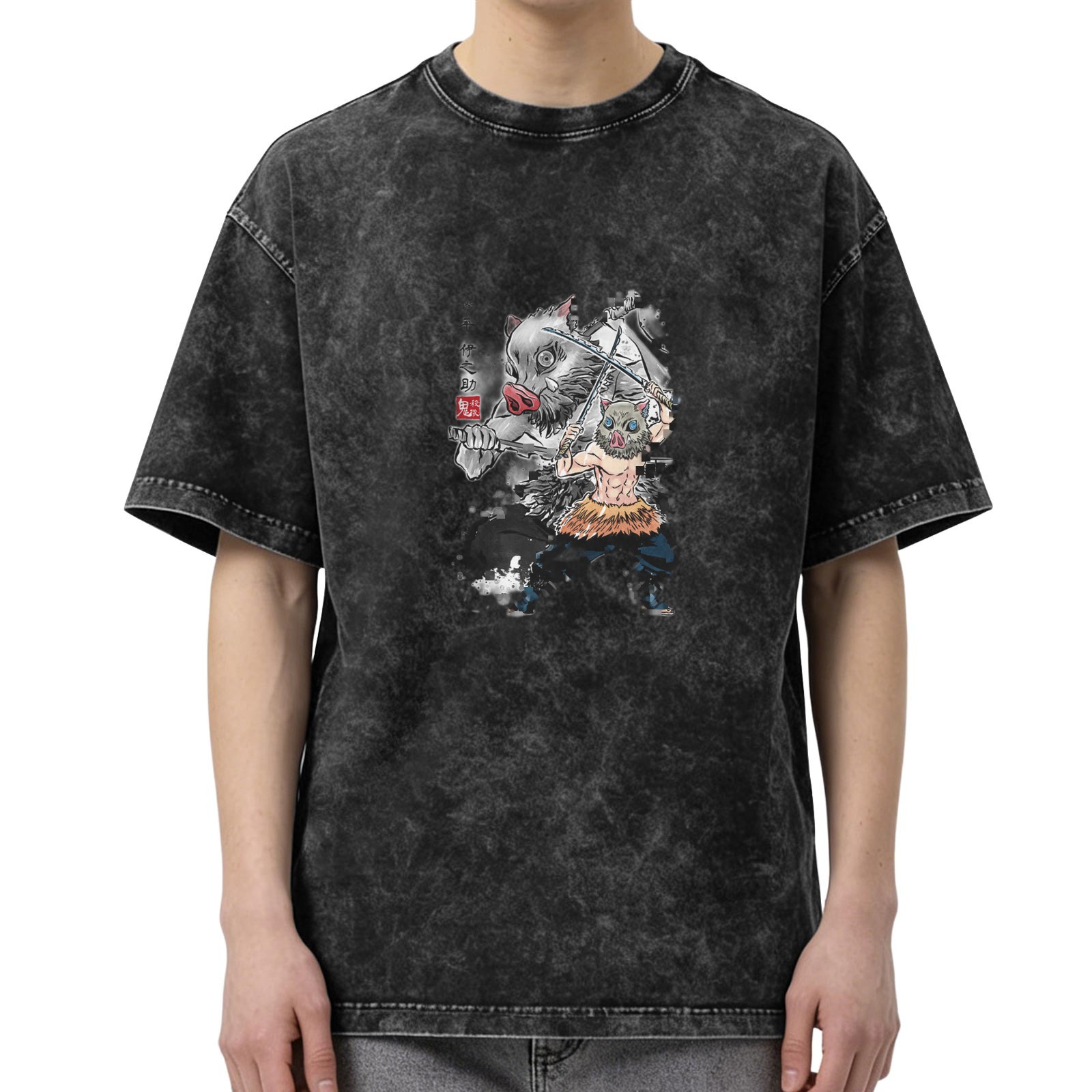 oversized washed anime graphic t-shirt with boar mask character design