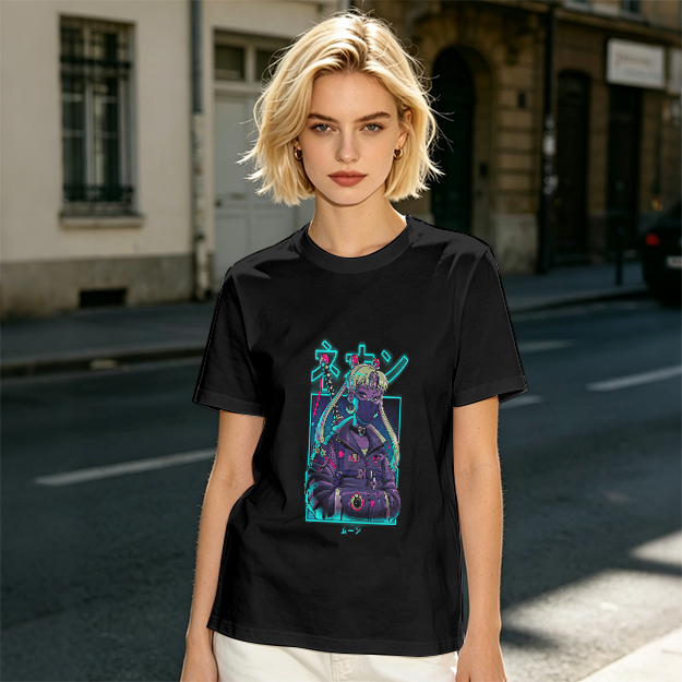Olive T-shirt with cyberpunk anime character graphic