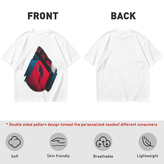 Olive T-shirt with Spider-Man mid-swing over city buildings