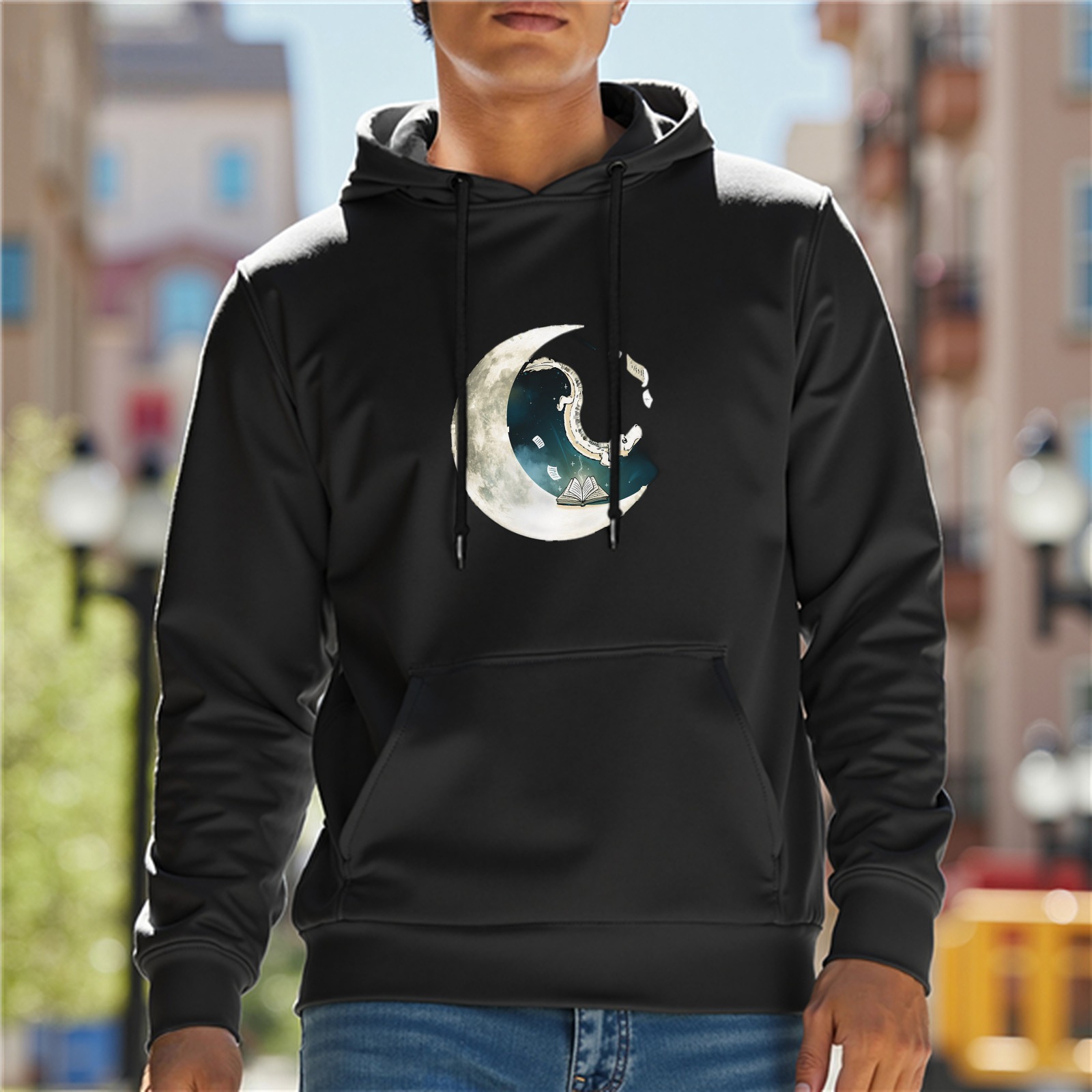 Black Hoodie With Crescent Moon Wave Art Print