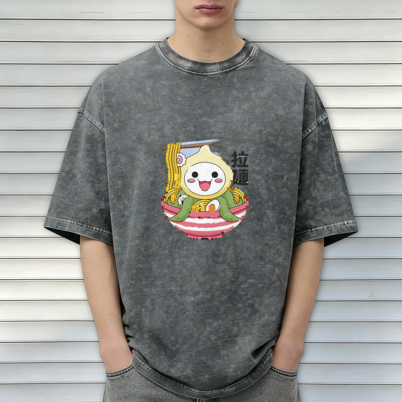 oversized acid wash t-shirt with cute octopus ramen graphic