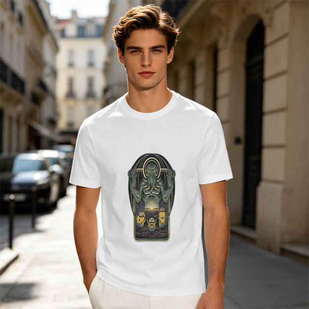Olive Green T-Shirt with Cthulhu and Minions Graphic Print