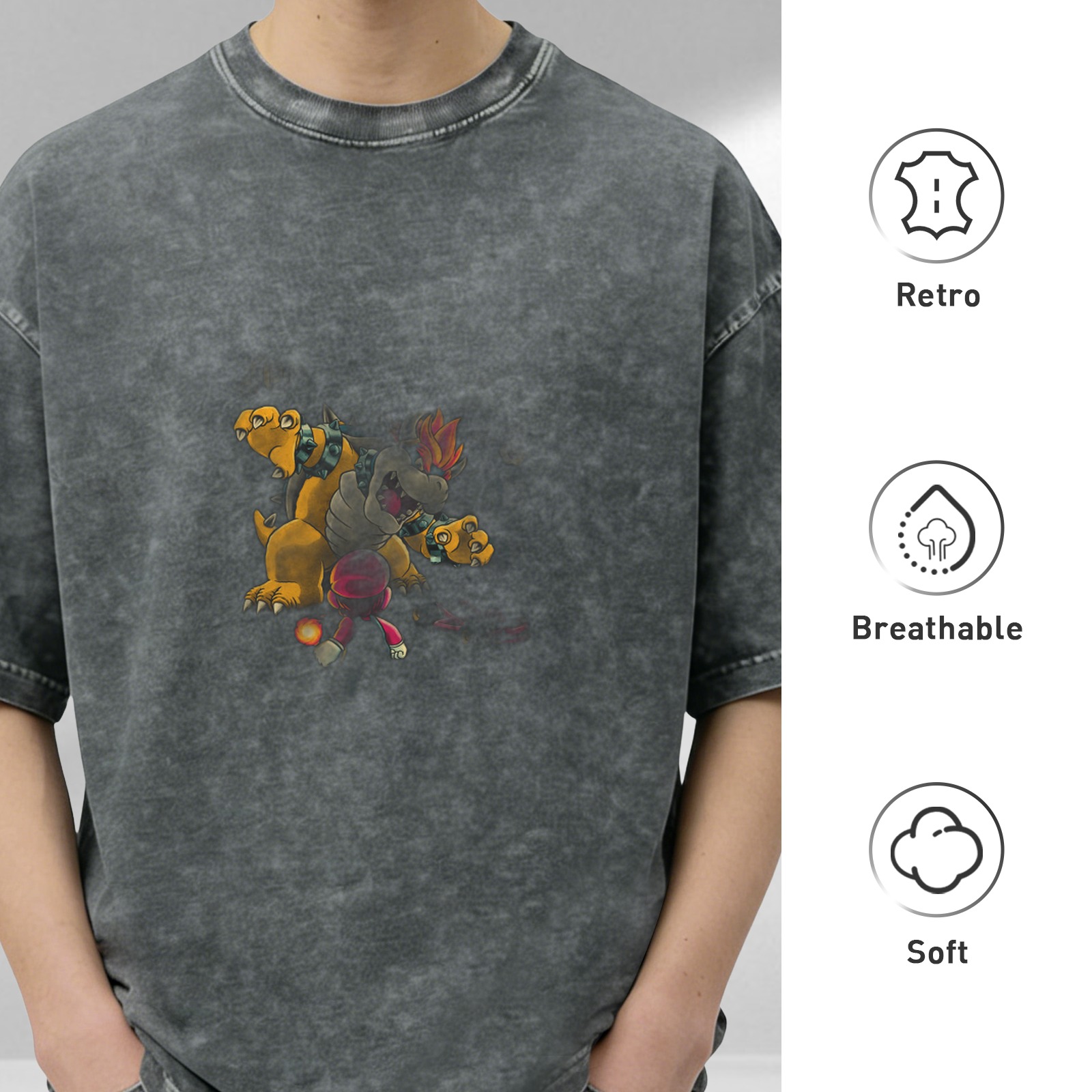 oversized acid wash t-shirt with three-headed monster graphic print