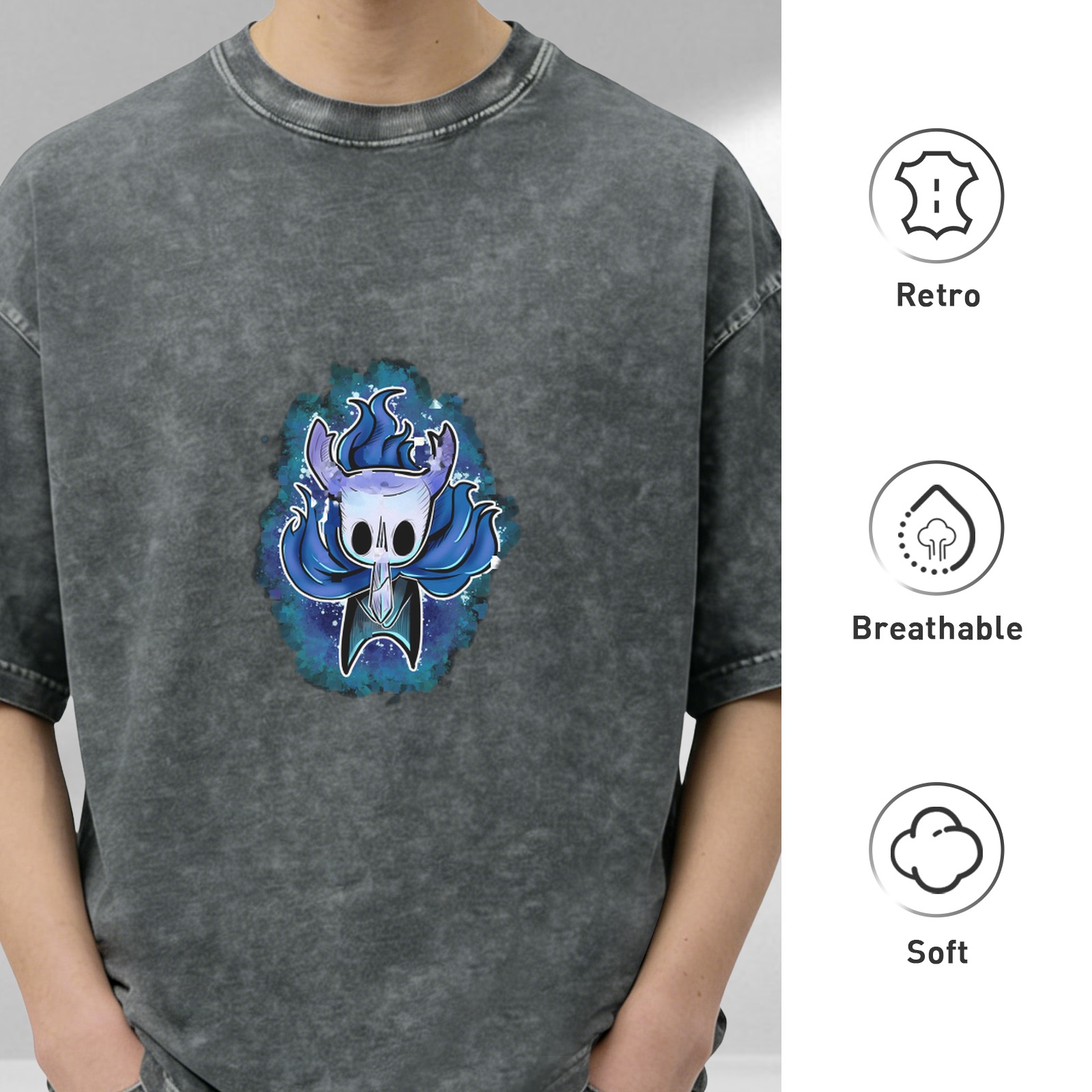 Oversized Dark Wash T-Shirt With Hollow Knight Themed Artwork