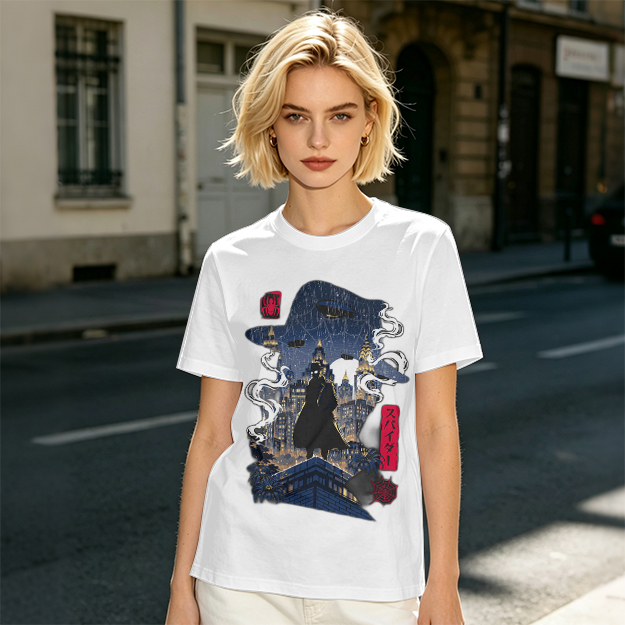 Olive T-Shirt with Night City Rooftop Spy Silhouette Art