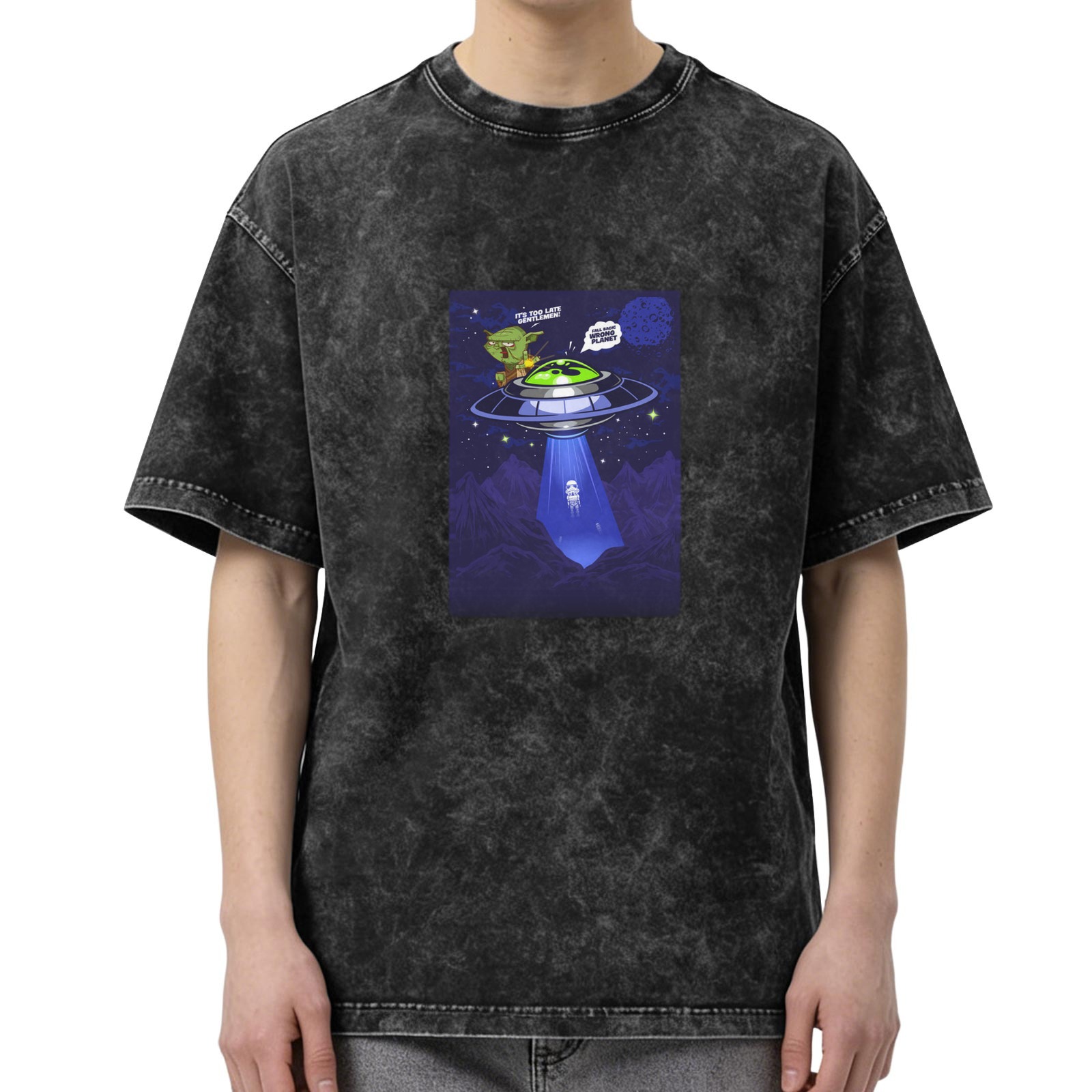 Oversized acid wash t-shirt with alien UFO abduction graphic