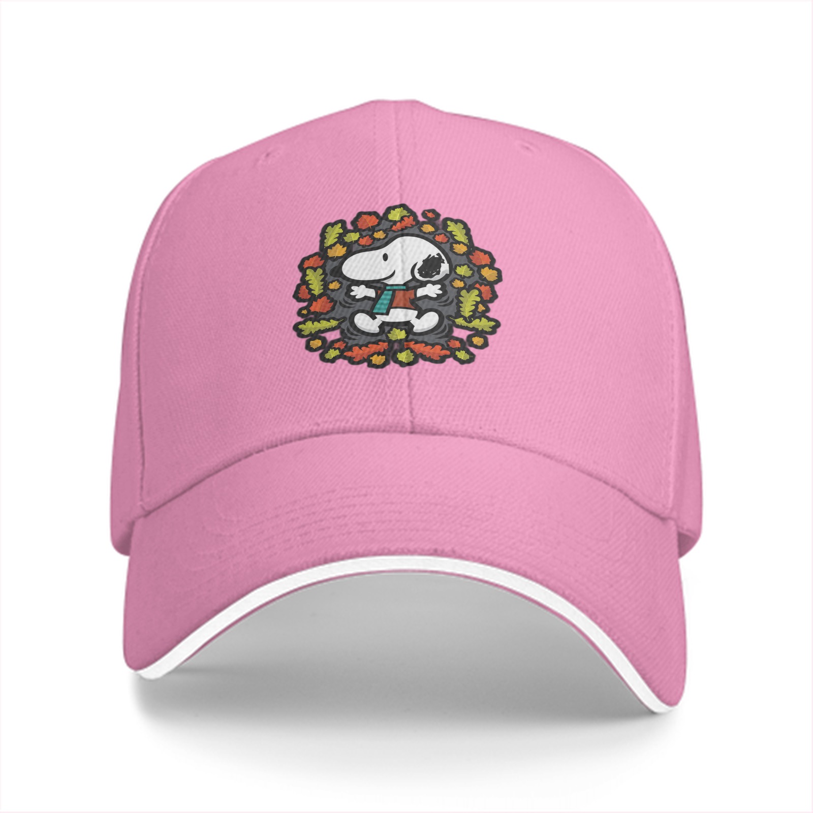 Black baseball cap with Snoopy playing in autumn leaves