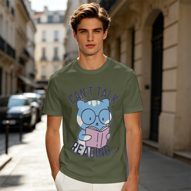 Olive t-shirt with reading cat graphic and 'Can't Talk Reading' text