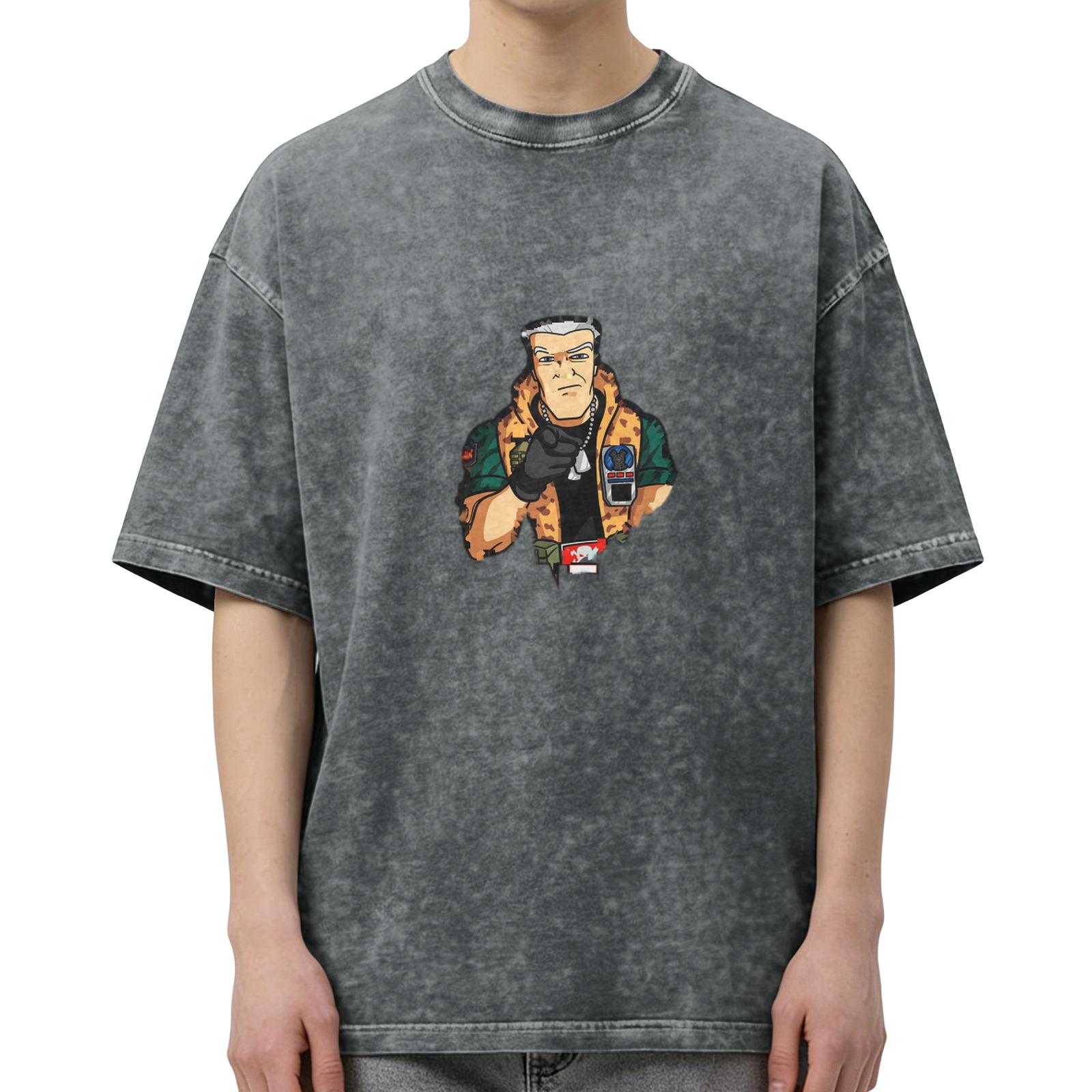 Oversized acid wash graphic t-shirt with cartoon military character print