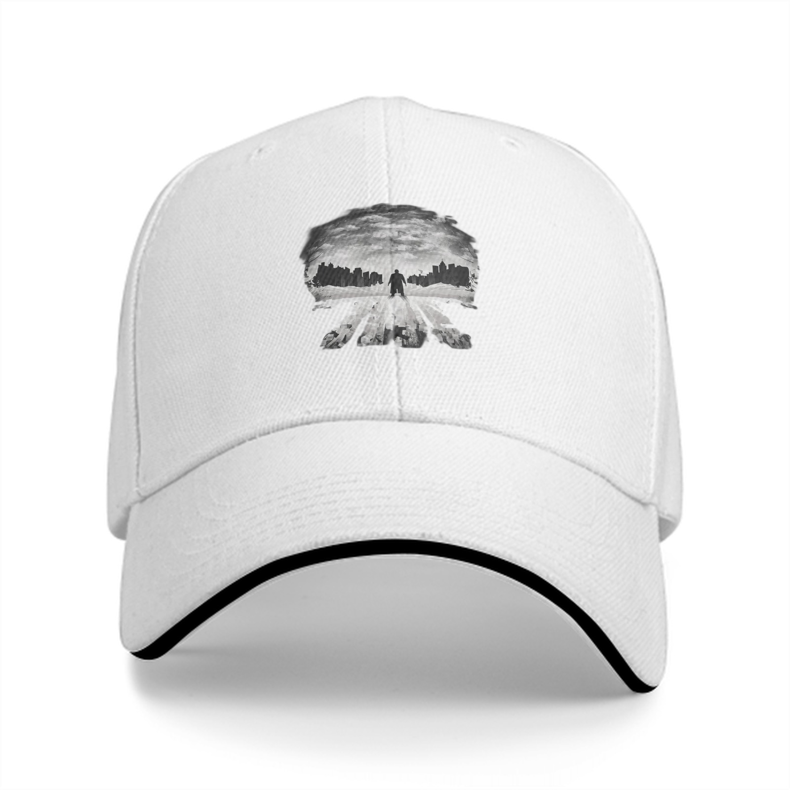 Black baseball cap with Punisher skull cityscape graphic