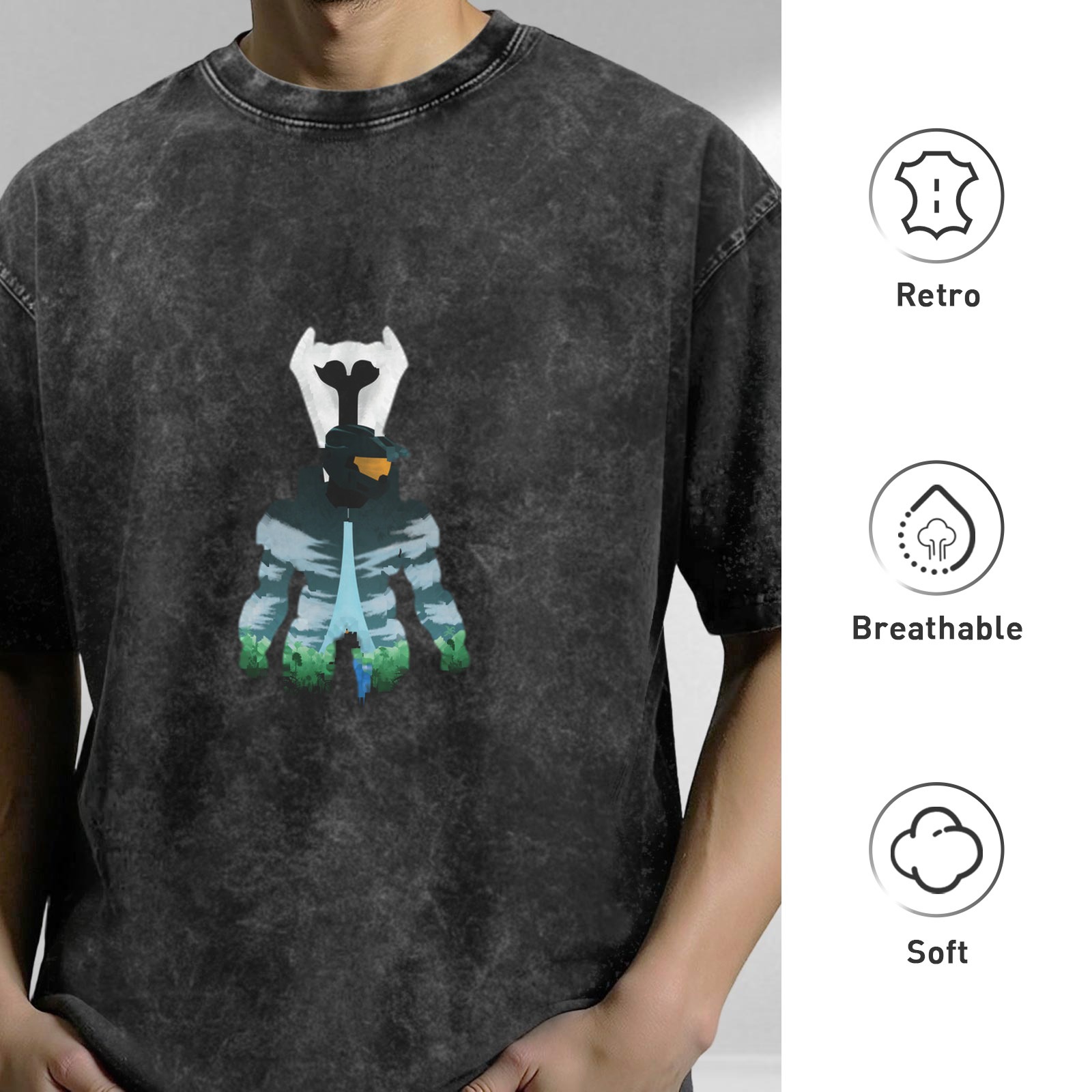 Washed distressed black loose short-sleeved T-shirt with cartoon style character pattern printed on the chest