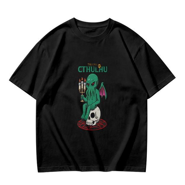Olive Green Cthulhu Graphic T-Shirt with Skull and Candles
