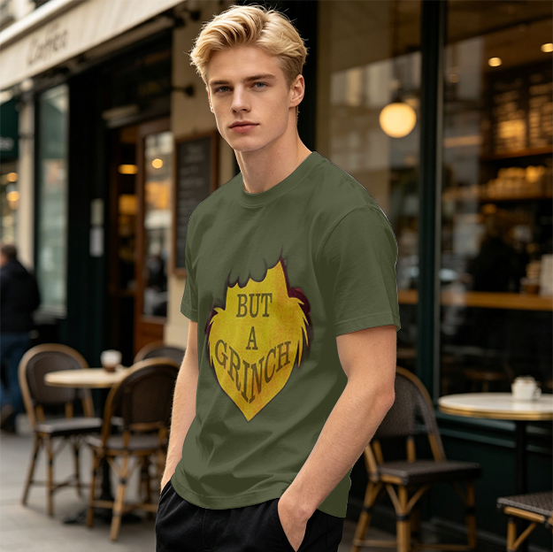 Olive green t-shirt with 'But A Grinch' graphic print