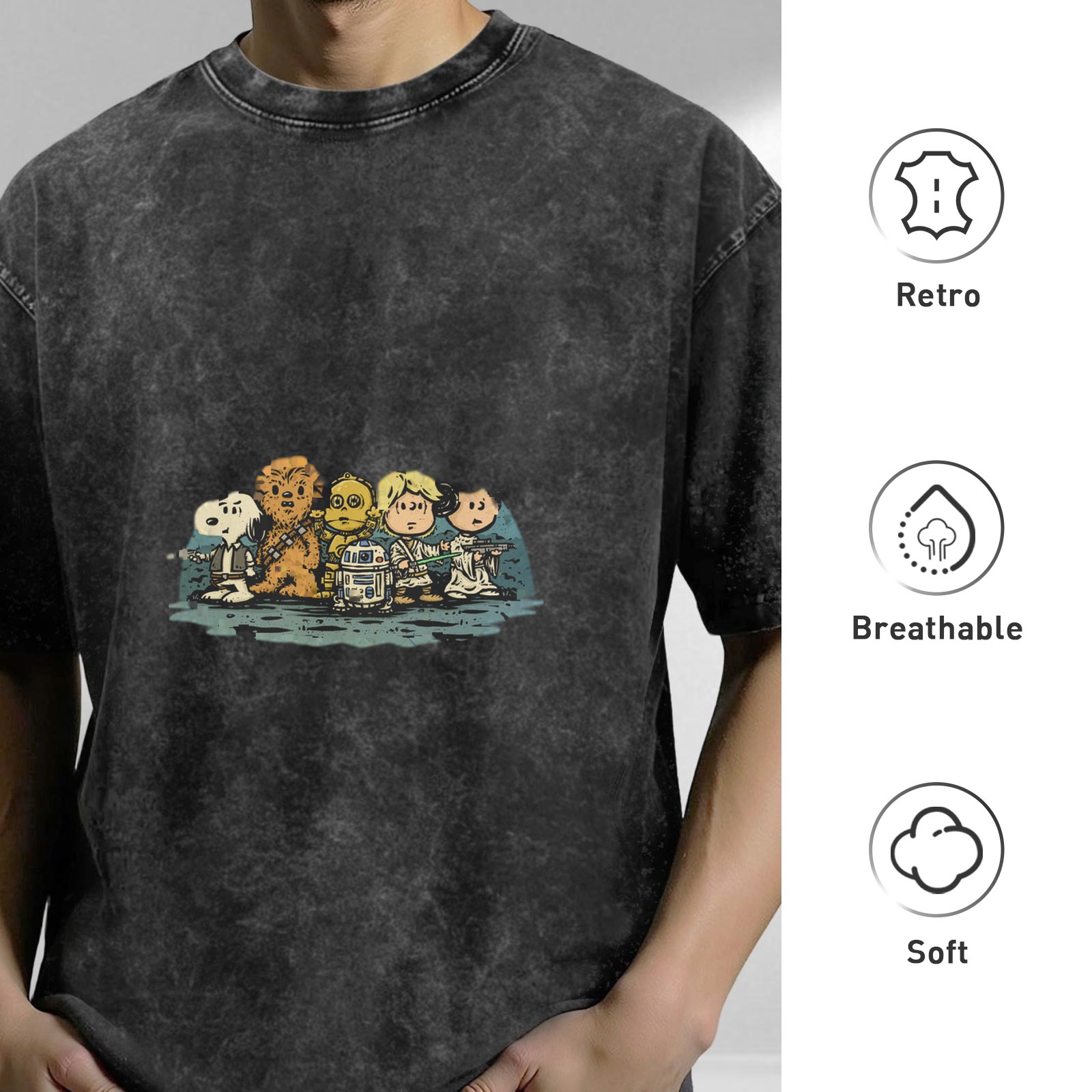 Distressed washed black loose short-sleeved T-shirt Peanuts co-branded Star Wars character printed top