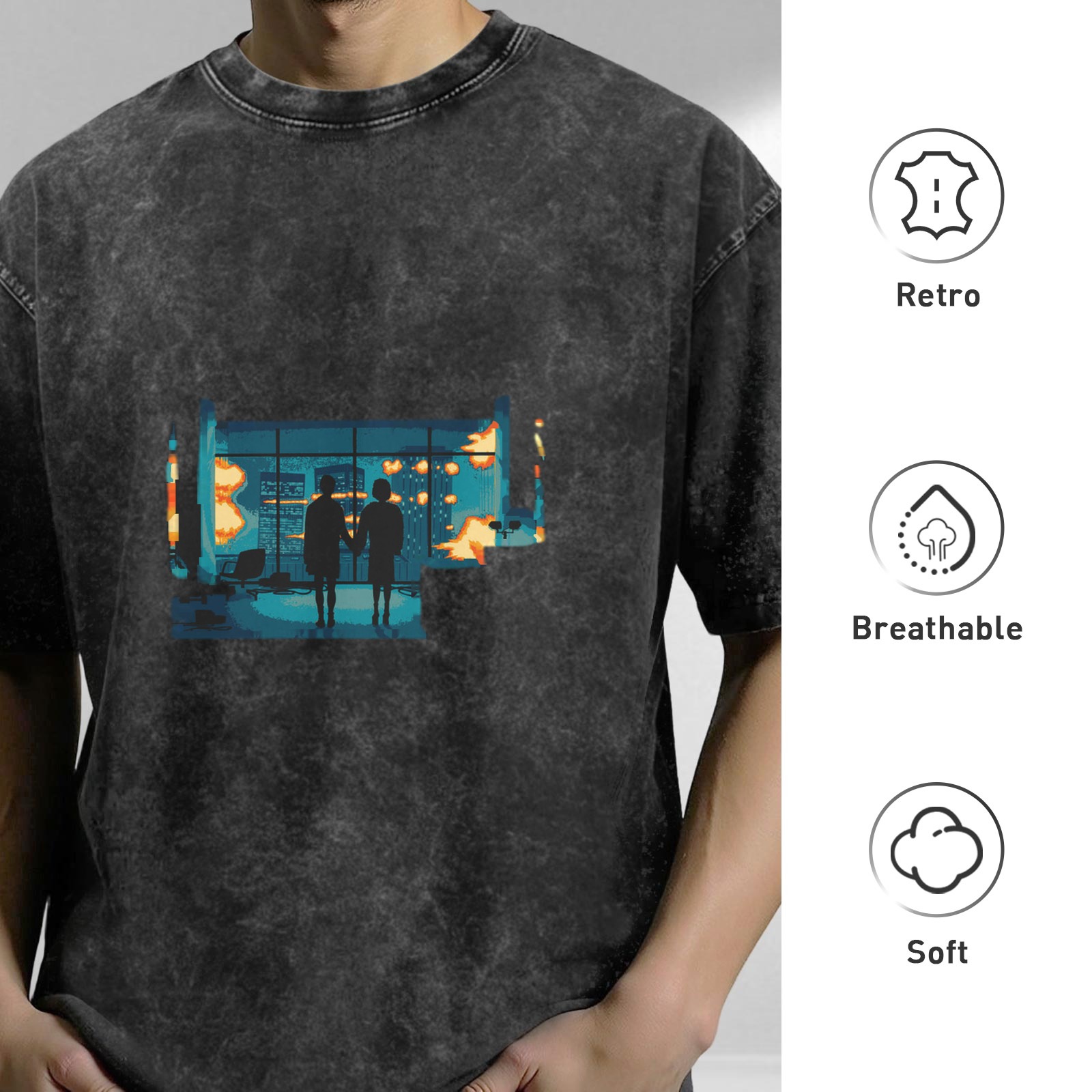 Distressed washed black short-sleeved T-shirt with pixel style explosion scene pattern of people holding hands printed on the back, loose fit