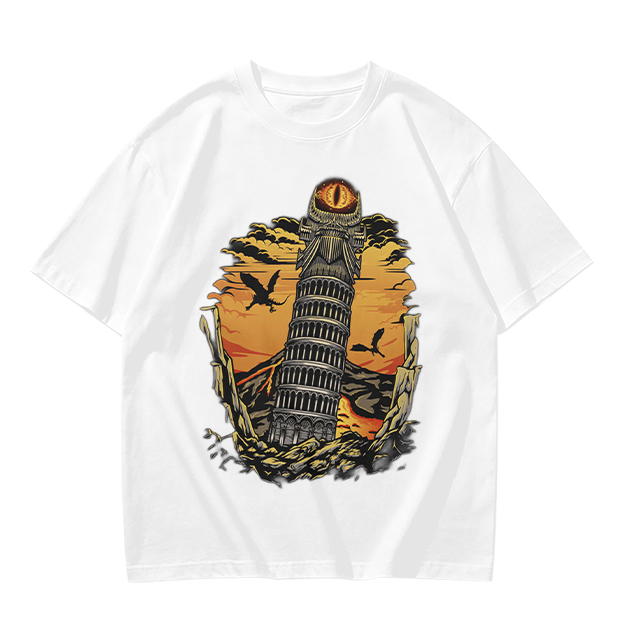 Ominous tower with eye and flying creatures graphic t-shirt