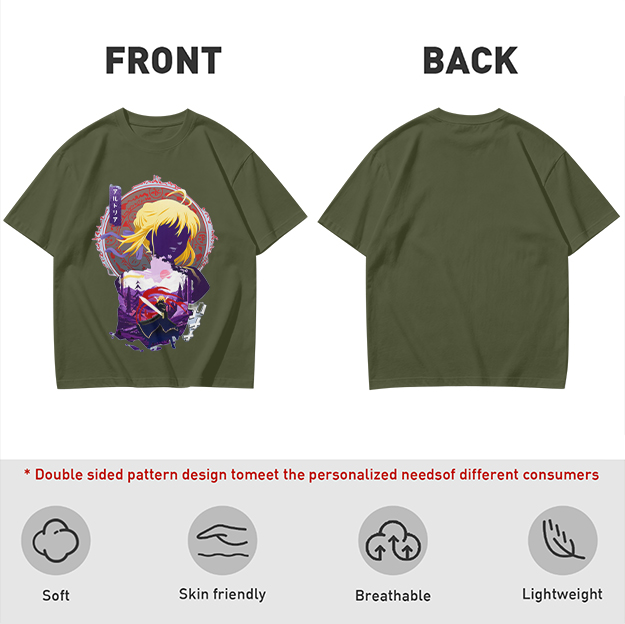 Olive green anime graphic t-shirt with Saber character print