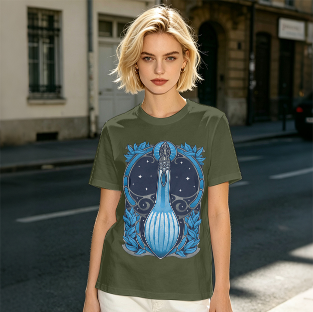 Olive T-Shirt With Art Nouveau Celestial Lute Graphic Print