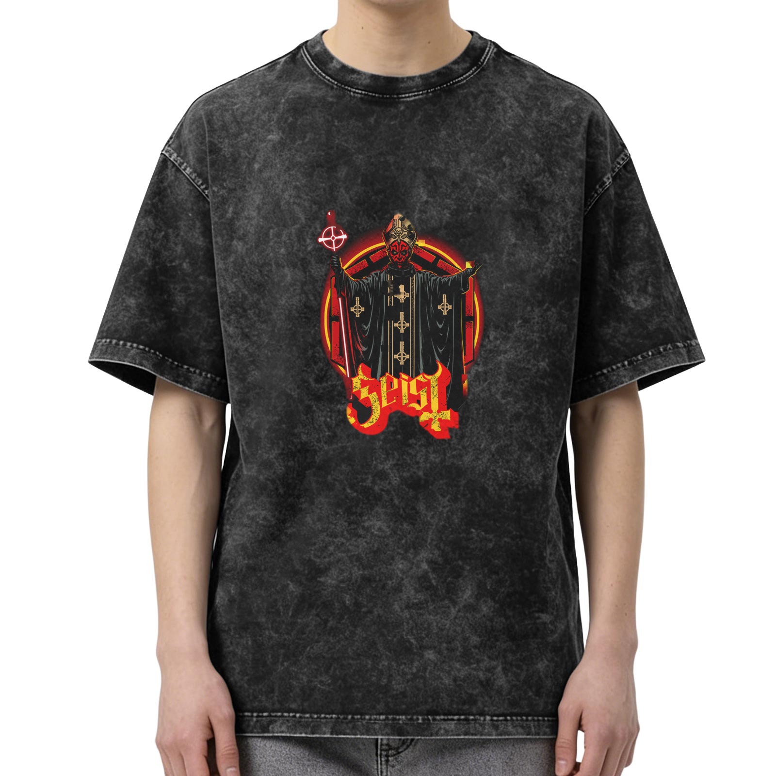 Oversized Dark Wash Graphic T-Shirt with Occult Priest Print