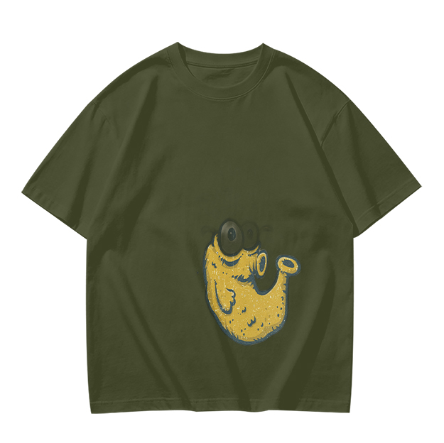 Olive Green T-Shirt With Whimsical Yellow Monster Graphic