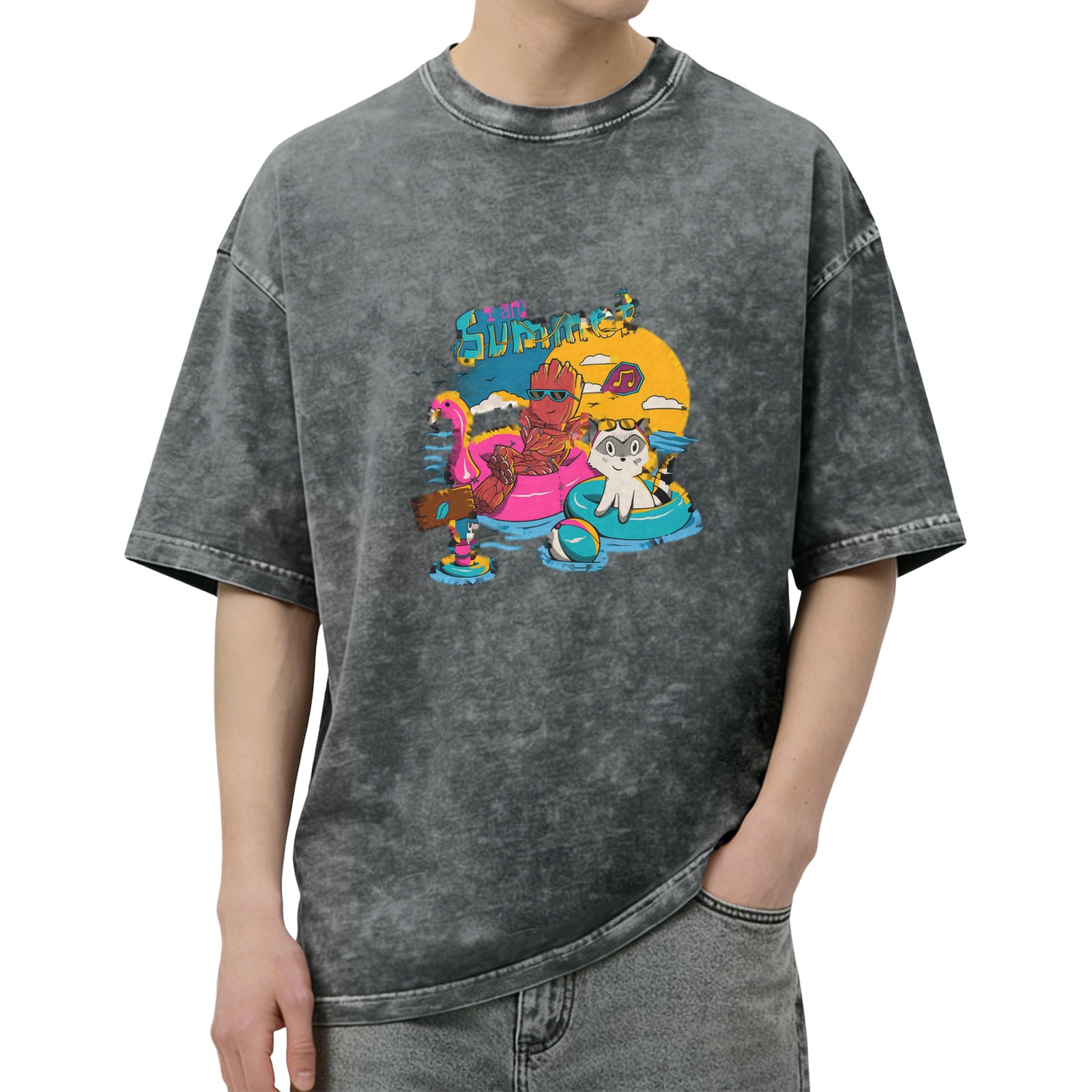 Washed Black Summer Pool Party Graphic T-Shirt with Cartoon Characters